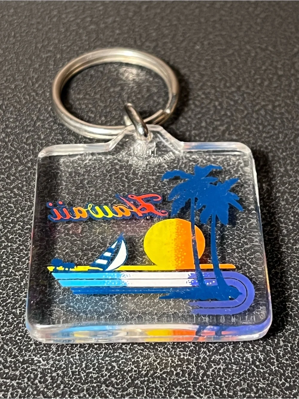 Hawaii Sunset Acrylic Keychain with Palm Tree and Sailboat, Travel, Souvenirs